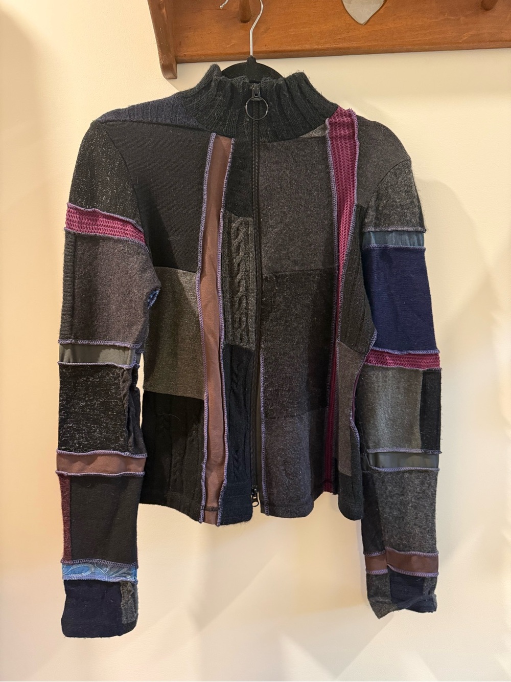 Colorblock Zip Turtleneck Sweater Jacket - Black, Gray & Plum